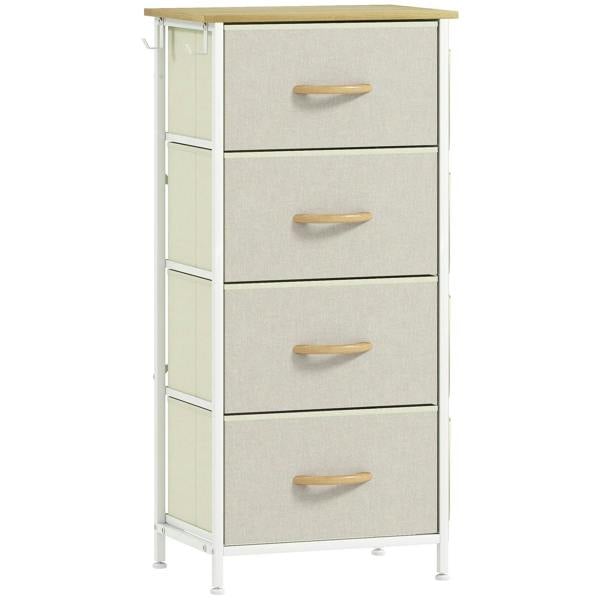 Beige chest of four fabric drawers with four front pull handles