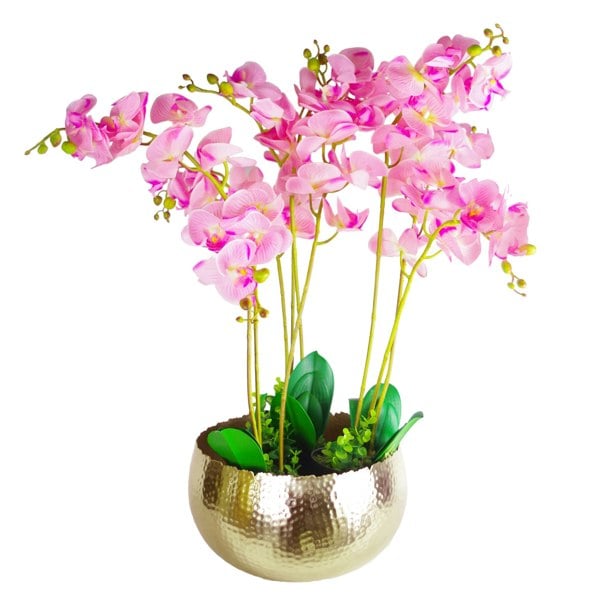 Leaf Large Artificial Orchids Display with XL Metal Bowl Planter 70x70cm