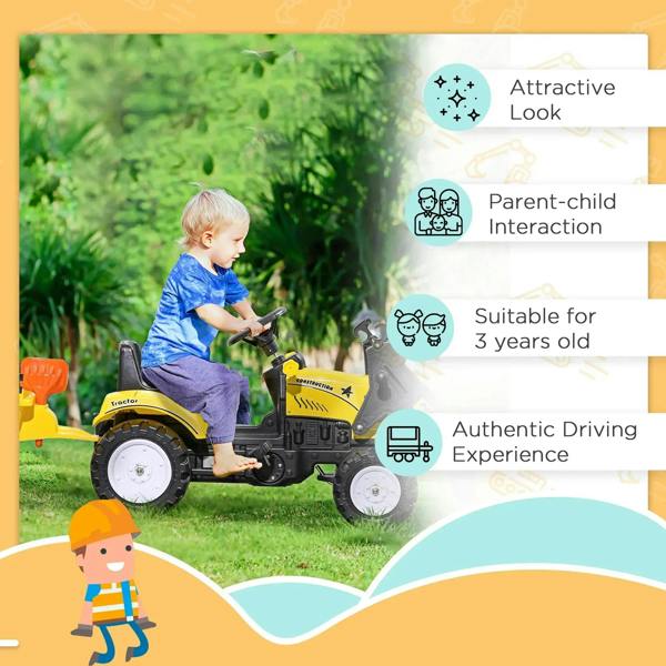Yellow kids pedal go-kart excavator outdoors with child seated and steering