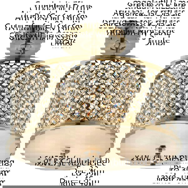 Flush Ceiling Mounted Light Antique Brass & Crystal Lamp Bulb Holder Round Shade Loops