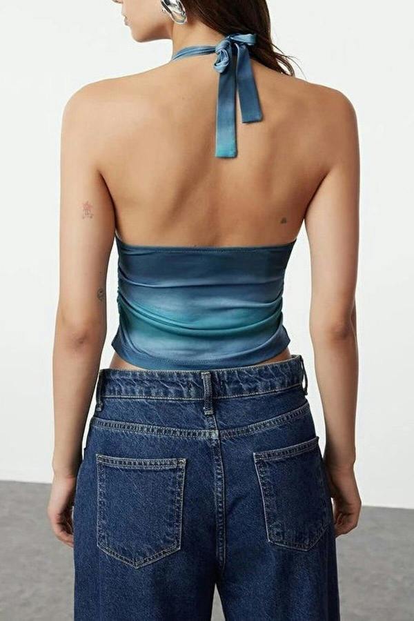 WOVCOR Halter Neck Patterned Fitted Crop Knit Blouse