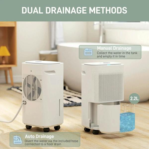 White dehumidifier showing drainage options with water tank and hose connection