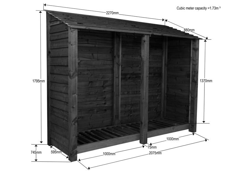 Arbor Garden Solutions Slatted Wooden Log Store W-227cm, H-126cm or 180cm, D-88cm