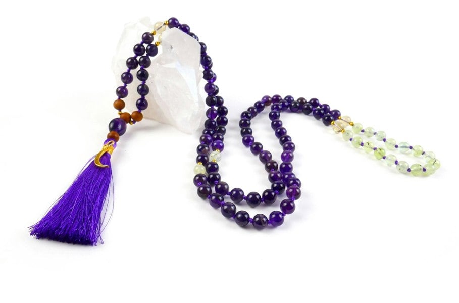 Kati Kaia amethyst mala necklace with purple beads and tassel for yoga and meditation
