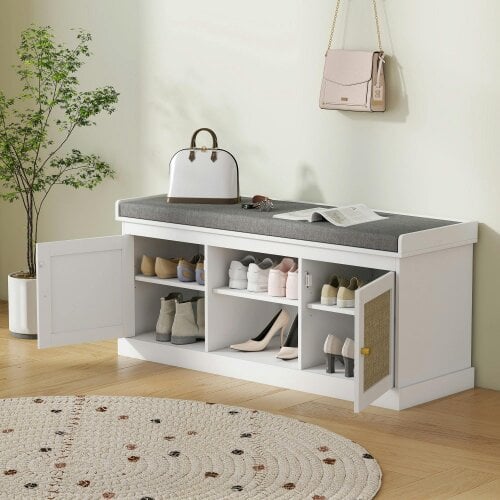 Wyld Haus Bafisa Wooden White Boho Shoe Bench With Cushioned Seat And Rattan Doors
