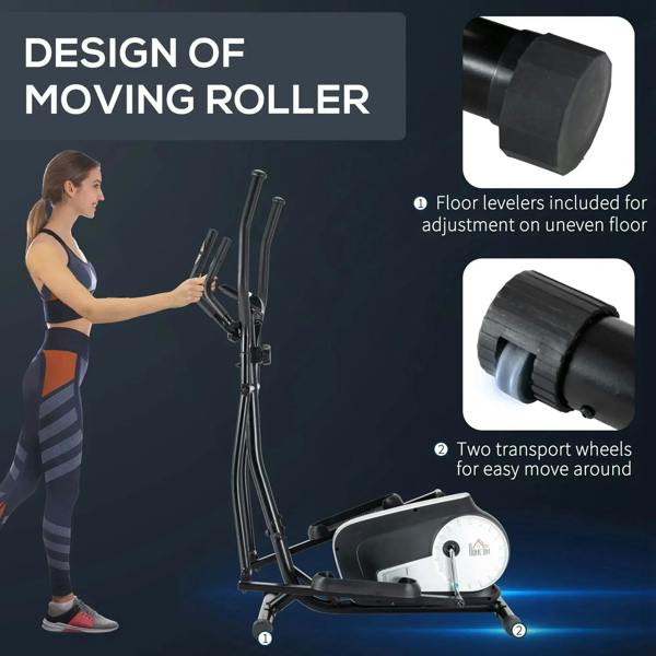 Black elliptical cross trainer with transport wheels and moving roller base