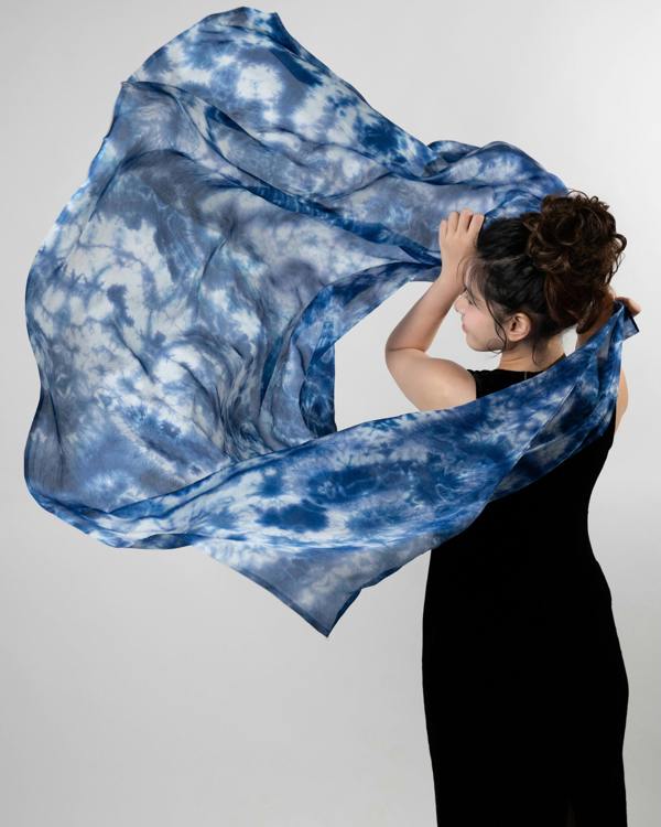 Indigo Shibori Silk Scarf – Hand-Dyed Mulberry Silk, Headscarf & Evening Wrap