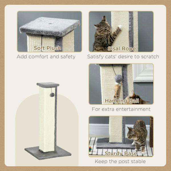 Vertical cat scratcher post details: grey soft plush top, sisal rope, hanging ball