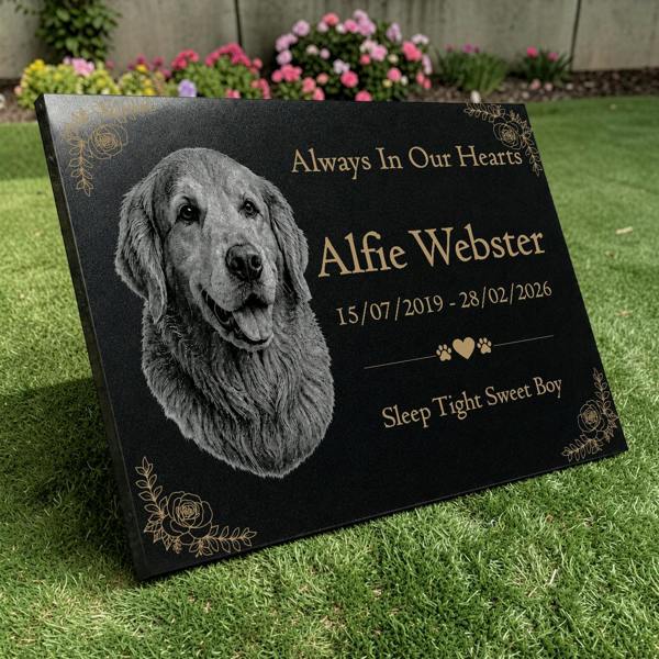 Memorials Direct Dog Memorial Granite Photo Plaque - Floral Design