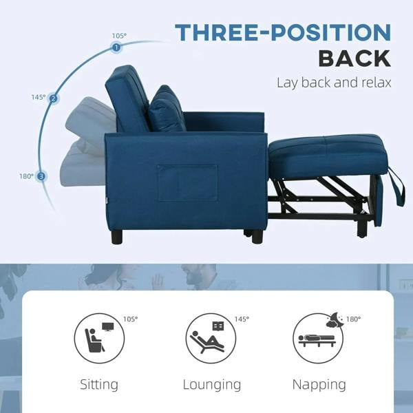 Blue linen-look chair bed shown in reclined, lounged, and napping positions