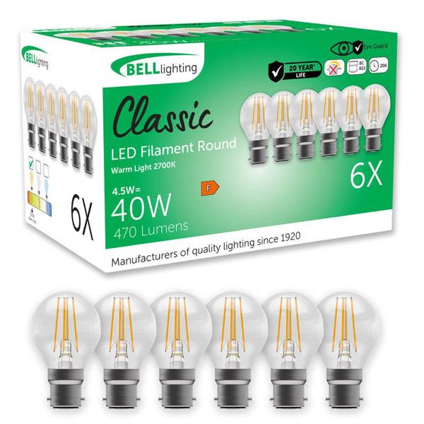 BELL Lighting B22 Non-Dimmable Filament Golf Ball LED Bulbs, 2700K Warm White , 470lm 4.5W , 40W Energy Saving Replacement