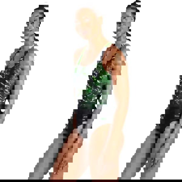 Zoggs black and green alloy actionback swimsuit with geometric pattern