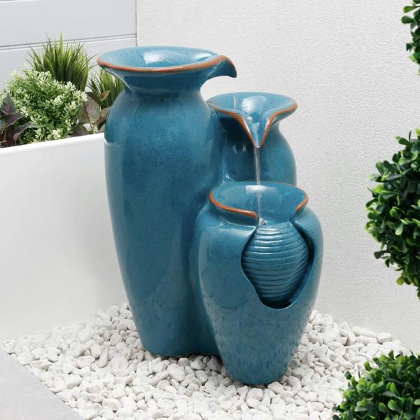 Gardenwize Solar Powered Azure Grecian Pots Water Feature with Battery Backup