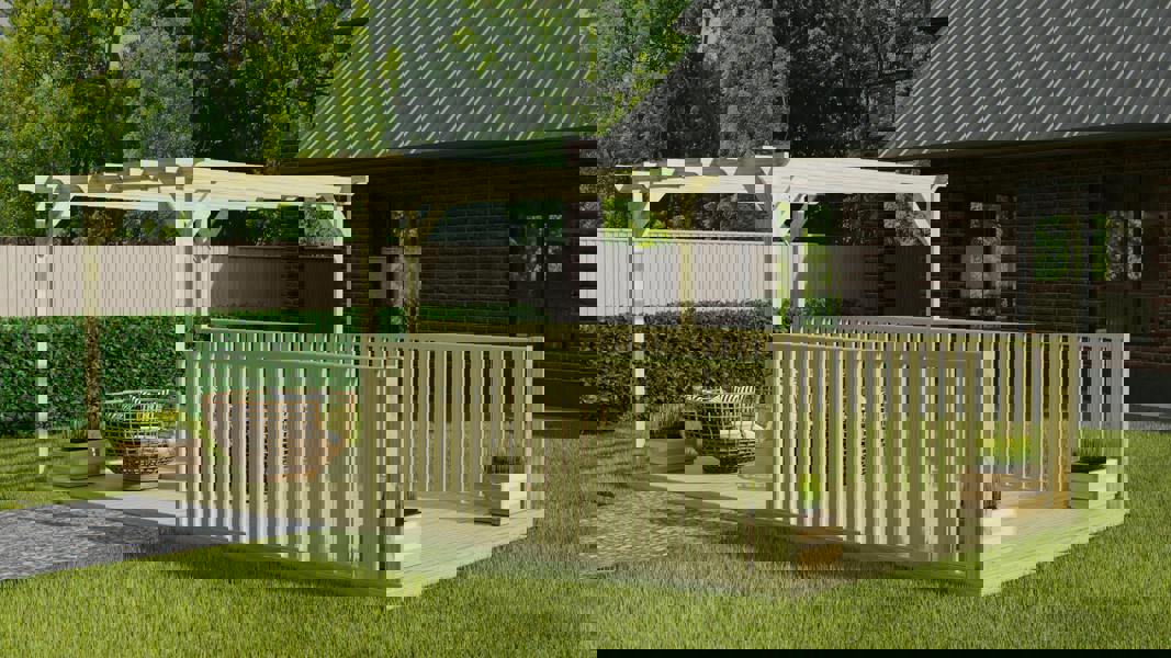 Rectangular pergola and decking kit with balustrade, made from pressure treated timber and high quality pergola posts, featuring a raised wooden deck, vertical slatted balustrade, and an open pergola roof frame.