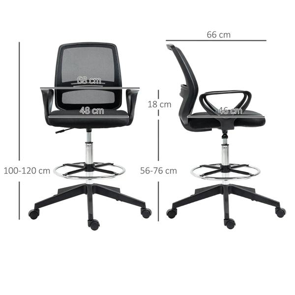 Black mesh-back drafting chair with padded seat and foot ring, shown with front and side views