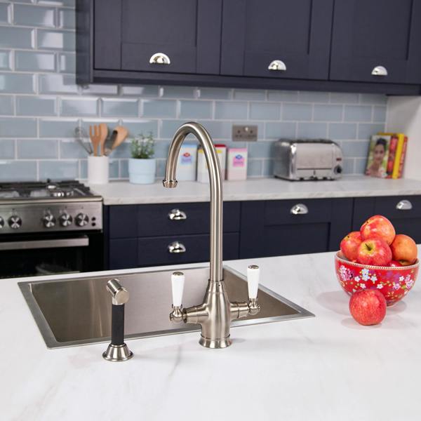 Flode Halden | Dual Lever Kitchen Sink Mixer Tap and Rinser with Swivel Spout | Pewter Finish