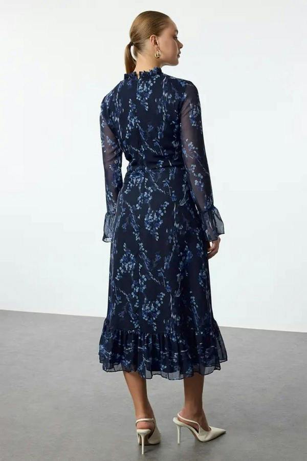 WOVCOR A-Line High Neck Midi Lined Chiffon Woven Dress