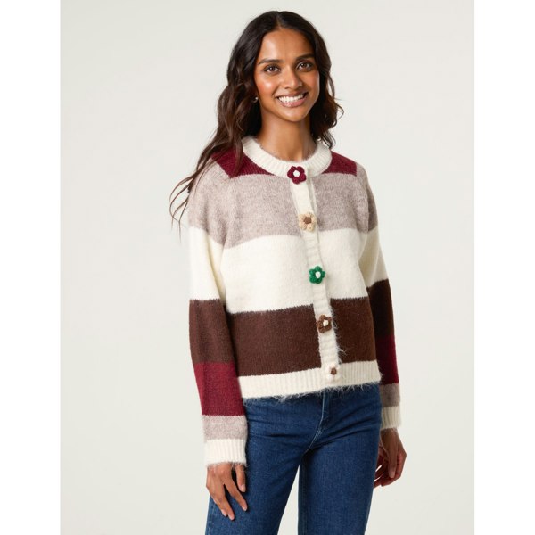 Blue Vanilla Multi Coloured Striped Cardigan With Flower Buttons