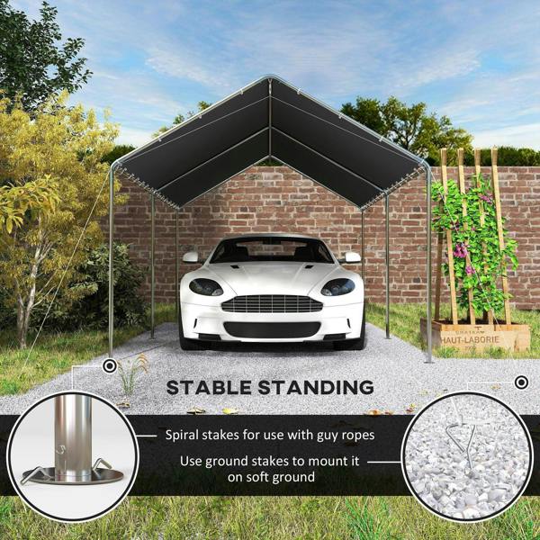 Grey heavy-duty carport canopy with black roof over white car, stabilized by anchored poles