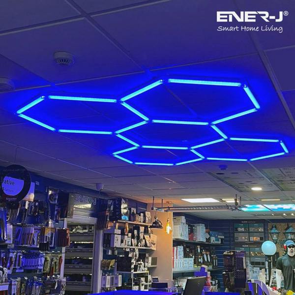 Ener-J 150W Hexagon RGB LED Garage Ceiling Light, 5 Hexagon Design, Remote Control, 24 T5 Tubes Showroom Kit