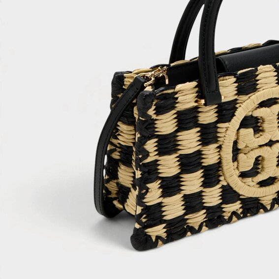 Tory Burch Ella Hand-Crotcheted Checkered Top Hand Bag Black Natural