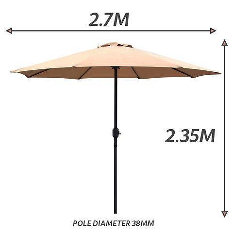 GlamHaus Garden Parasol Table Umbrella 2.7M with Crank Handle, UV40 Protection, Includes Protection Cover, Robust Steel - Sand
