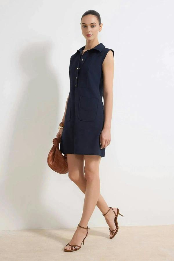 WOVCOR Straight Cut Shirt Collar Linen-Look Mini Woven Dress