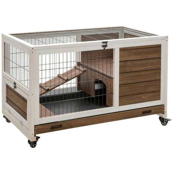 Brown wooden 2-floor small animal cage with enclosed run and wire panel sides