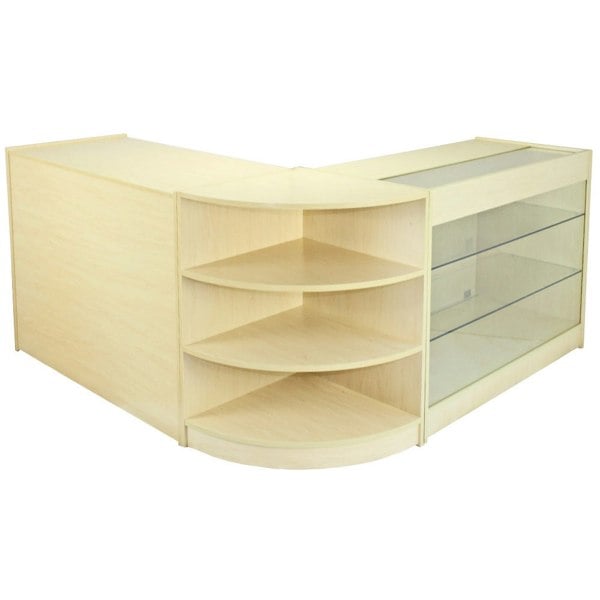 Titan Maple Shop Counter & Retail Display Set featuring a light maple finish, curved edges, glass shelves, and ample storage space