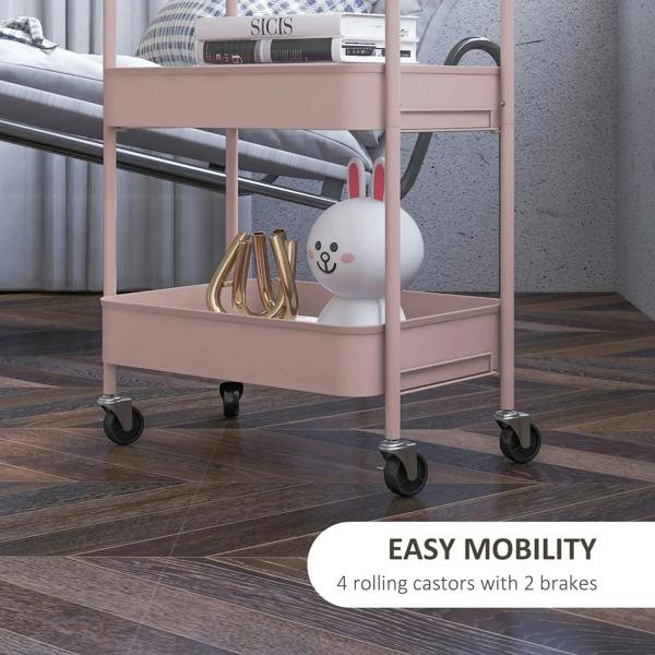 Pink three-tier storage trolley with rolling casters and decorative bunny on the middle shelf