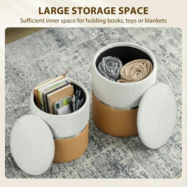 Nesting Round Ottoman with Storage Set of 2 - Cream/Brown