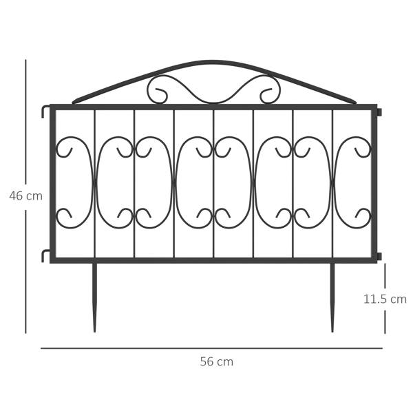 Black metal picket fence panel with decorative scroll motifs and four stakes
