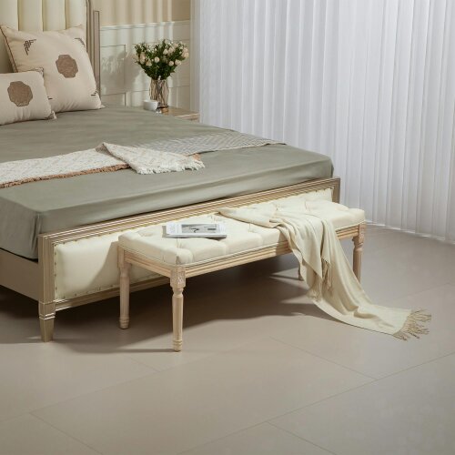 HOMCOM End of Bed Bench Tufted Upholstered Foot Stool - Cream - 115cmx40cmx43cm