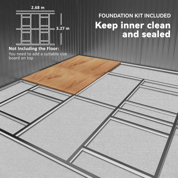 Metal shed foundation kit layout with base rails, gray supports, and wood floor panel