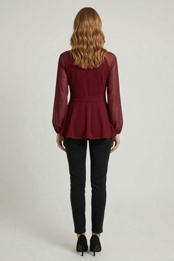 Red | Belt Detail Semi Sheer Peplum Top
