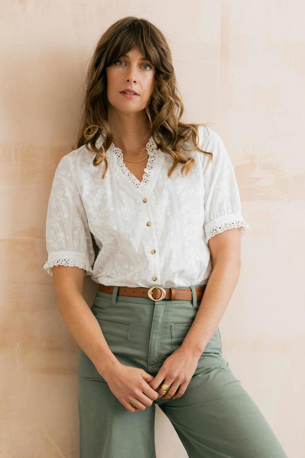 Lily & Me Wren Embroidered Cotton Frill Blouse White