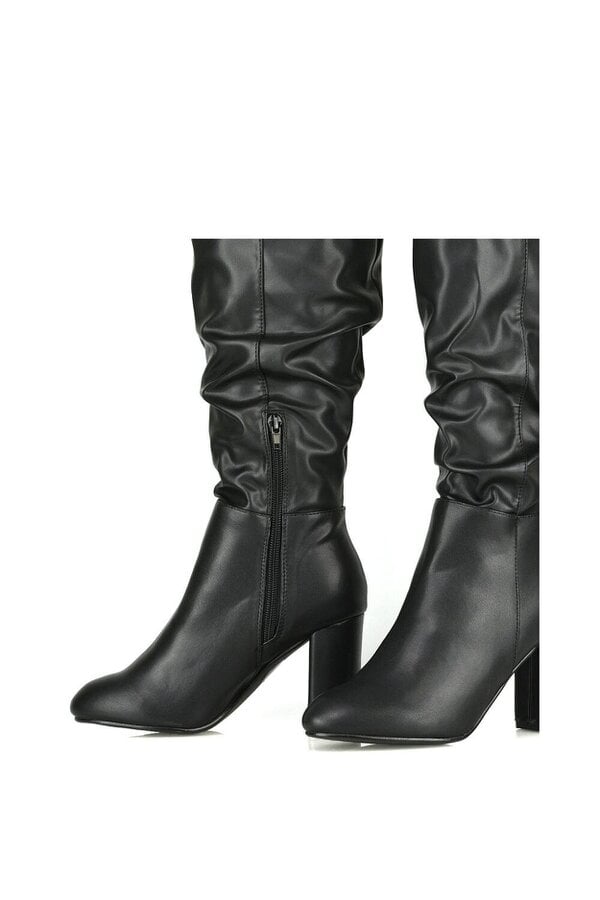 XY LONDON Ruched Zip-up Block Heeled Knee Calf Boots