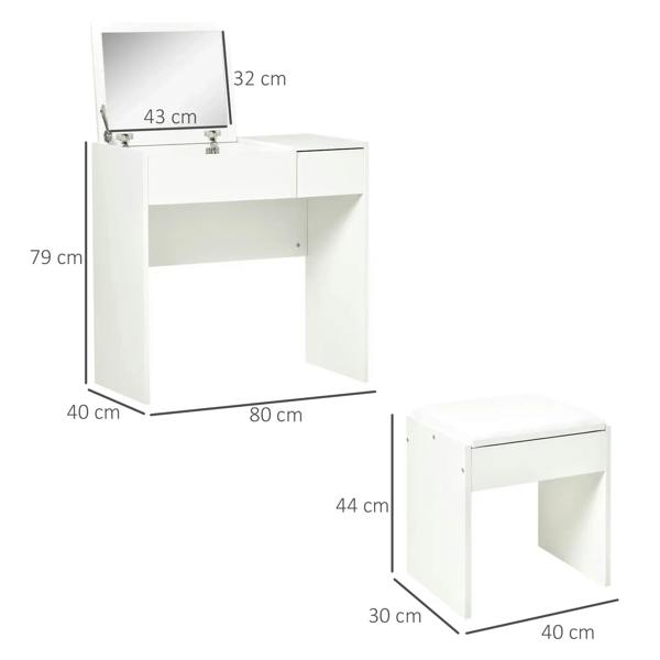 White vanity table with flip-up mirror and cushioned stool, size diagram shown