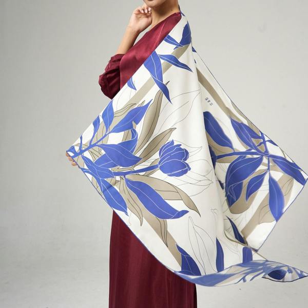 Navy Botanical Twill Silk Scarf – Printed Mulberry Silk, Office Wrap & Gift