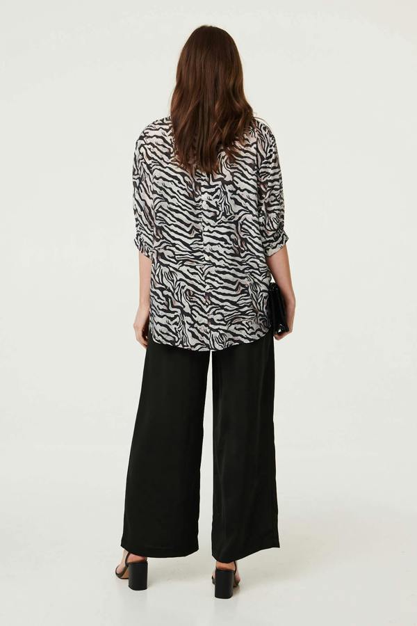 Black | Zebra Print Button Detail Relaxed Shirt
