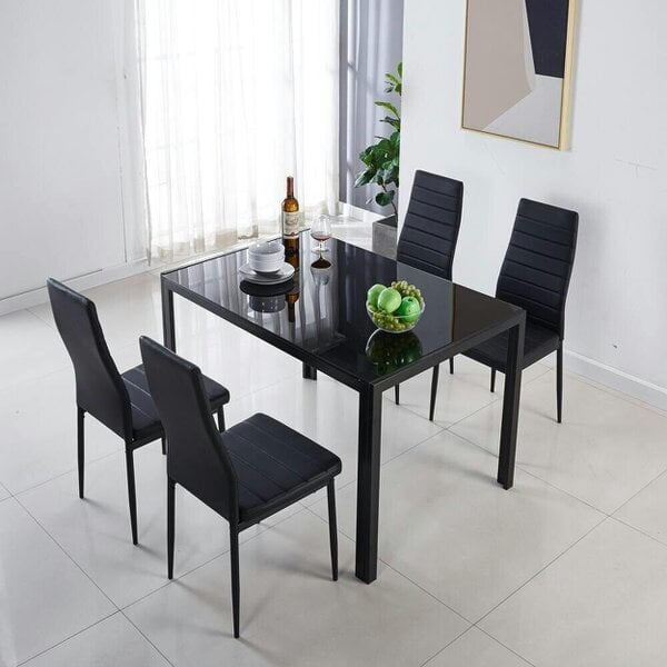 Kosy Koala Black Glass Rectangle Dining Table Set With 4 Black Metal Chairs Modern Dining Room Furniture