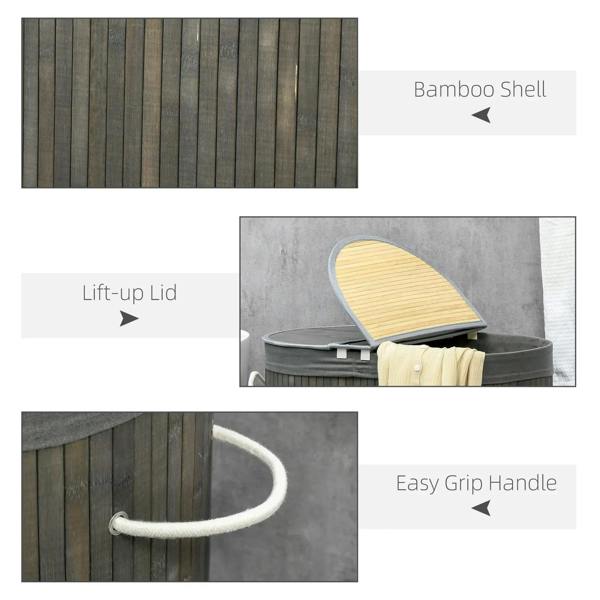 Grey bamboo laundry basket with lid and easy-grip handle, lift-up cover shown