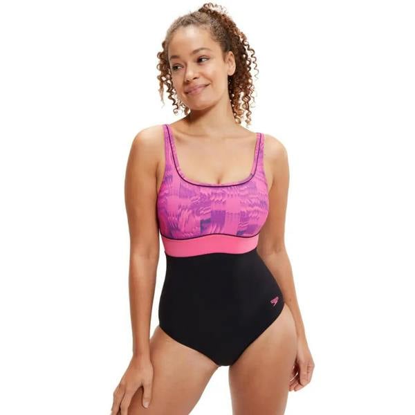 Speedo Shaping Contour Eclipse Printed Swimsuit in black/pink with floral pattern