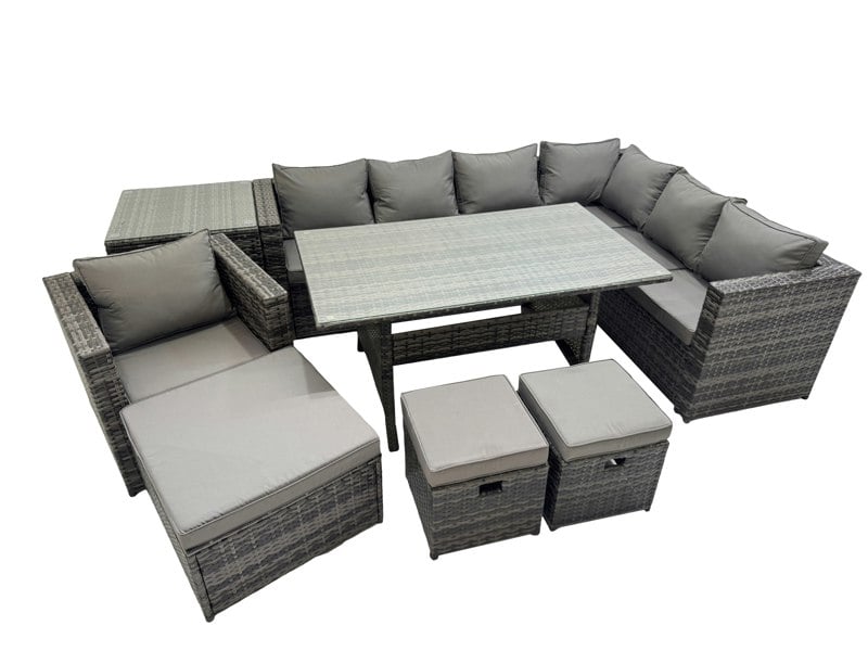 Fimous Rattan Garden Furniture Set Outdoor 10 Seater Patio Dining Corner Sofa Sets with Dining Table Chair Big Stool Side Table Dark Grey Mixed