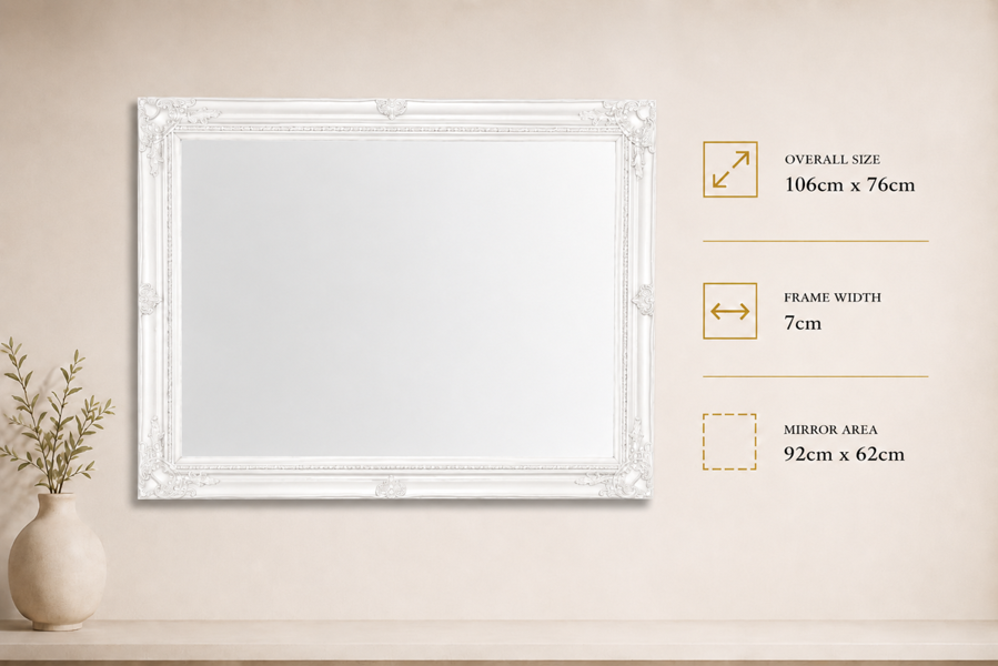 Downton Interiors Antique Style Extra Large White Wood Frame Wall Mirror 106cm x 75cm