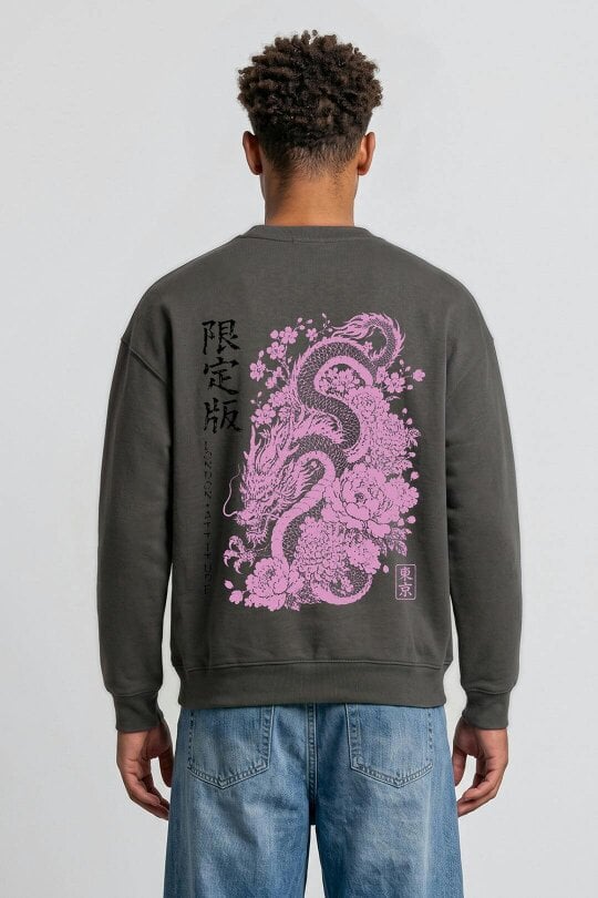London Attitude Oversized Heavyweight Japanese Dragon & Floral Graphic Sweatshirt