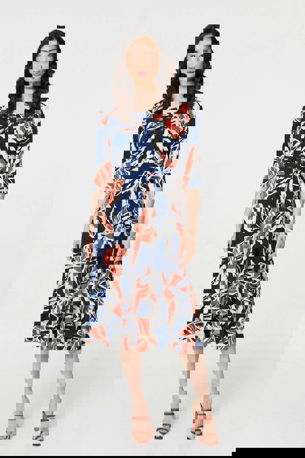 Navy | Floral Ruched 3/4 Sleeve Midi Dress
