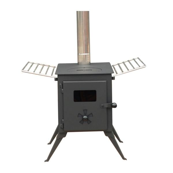 Black metal wood stove with two metal grates on a white background