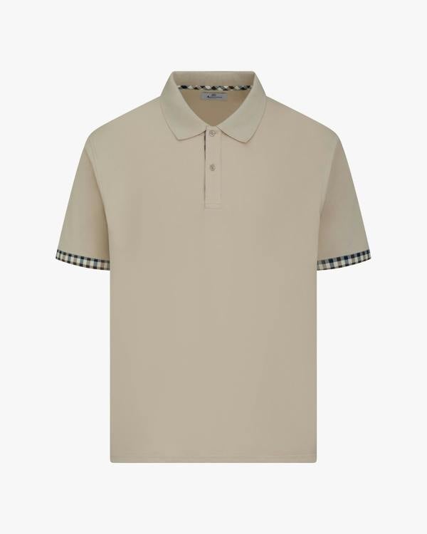 Aquascutum Mens Club Check Stretch Piquet Sleeves Polo Shirt - Beige 03