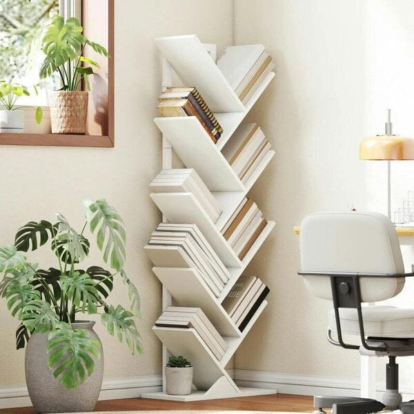 9-Tier Tree Bookshelf, Industrial Free Standing Bookcase with Steel Frame, Display Storage White - White